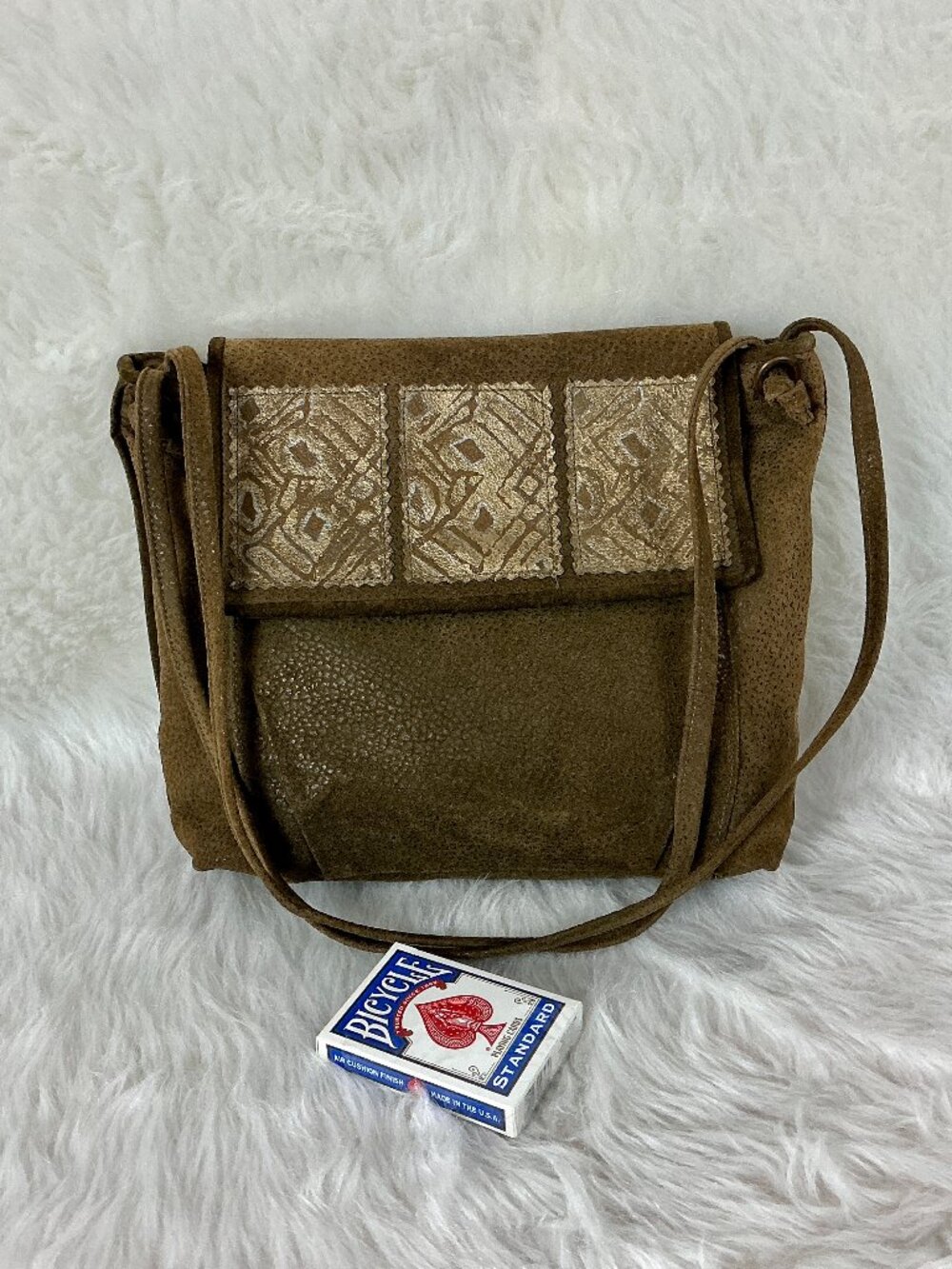 Vintage 80s Handmade Brown Suede Tribal Metallic Gold Paint Shoulder Bag